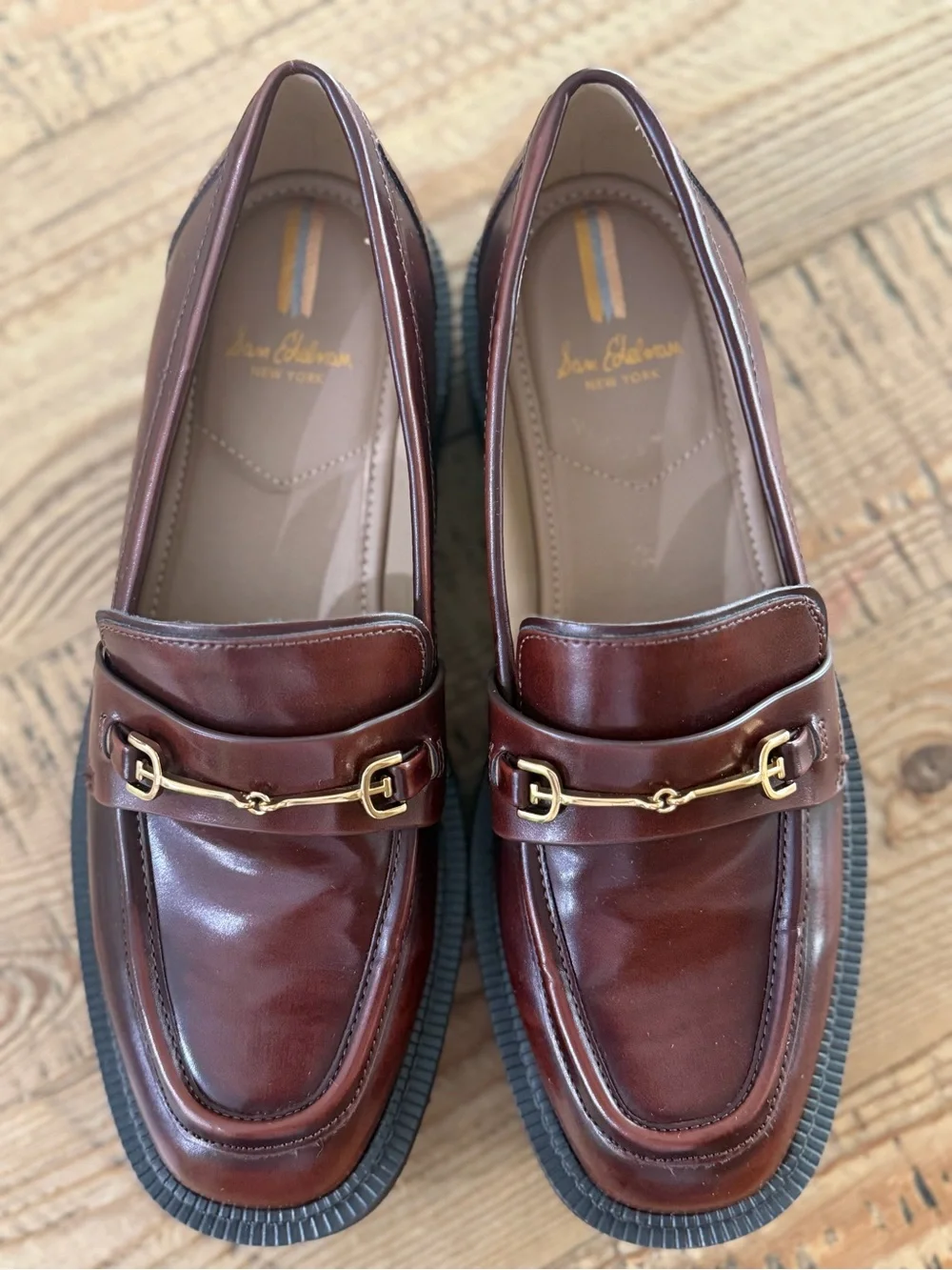 Sam Edelman Brown Leather Loafers with Gold Bit Accent
